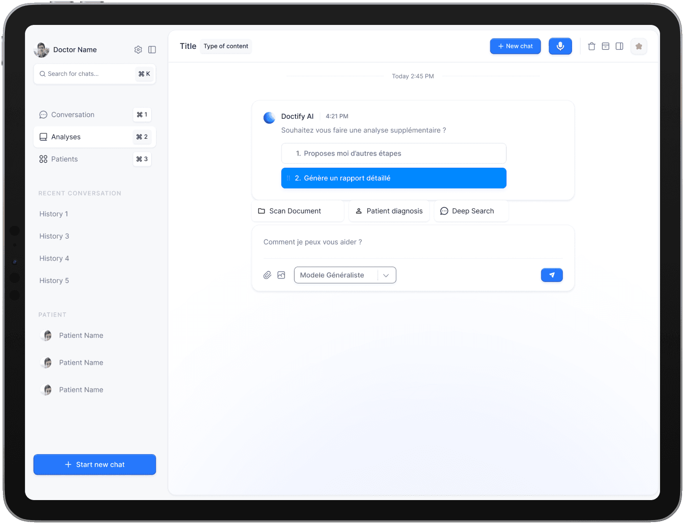 Interface de Doctify IA : conversation avec l'assistant, analyses et dossiers patients